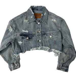 BBJ Los Angeles Black Denim Distressed Cropped Jean Jacket Size M Button-Up New